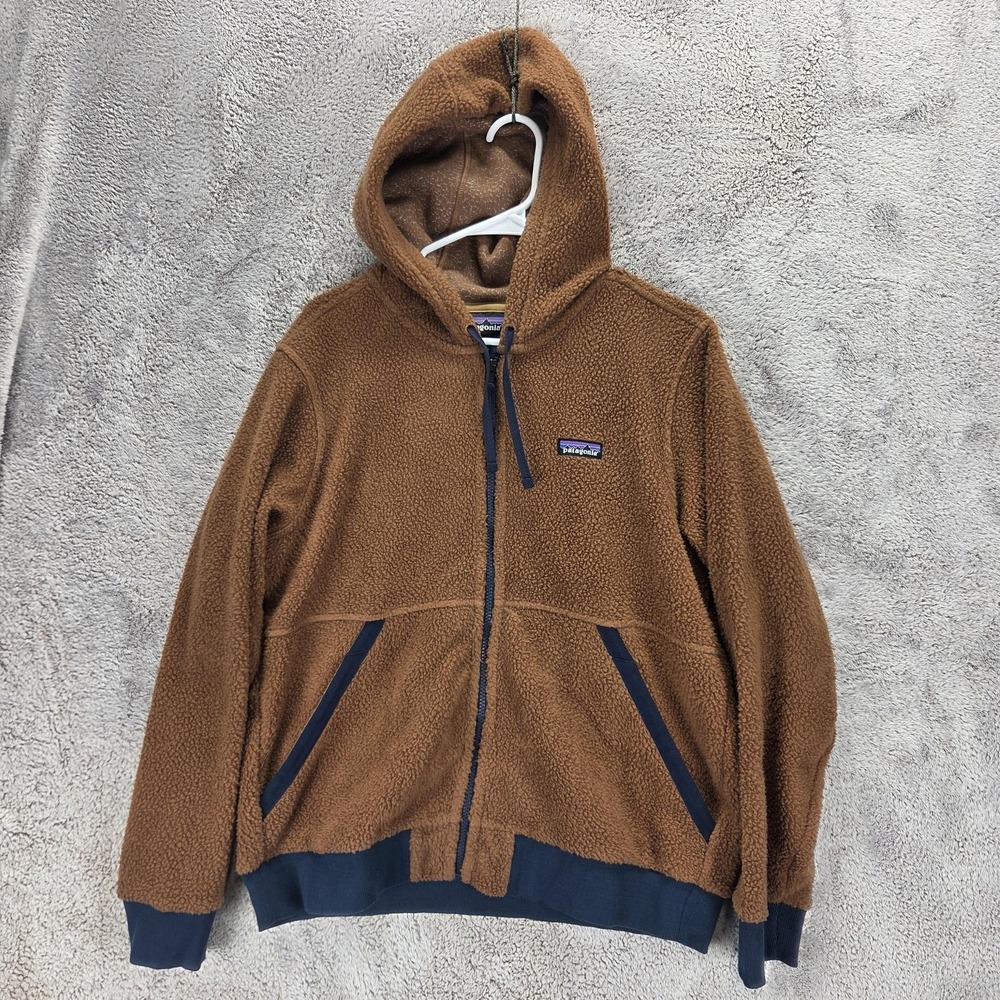 Patagonia Jacket Womens Large Brown Hooded Fleece Zip Pockets Shearling Hoody